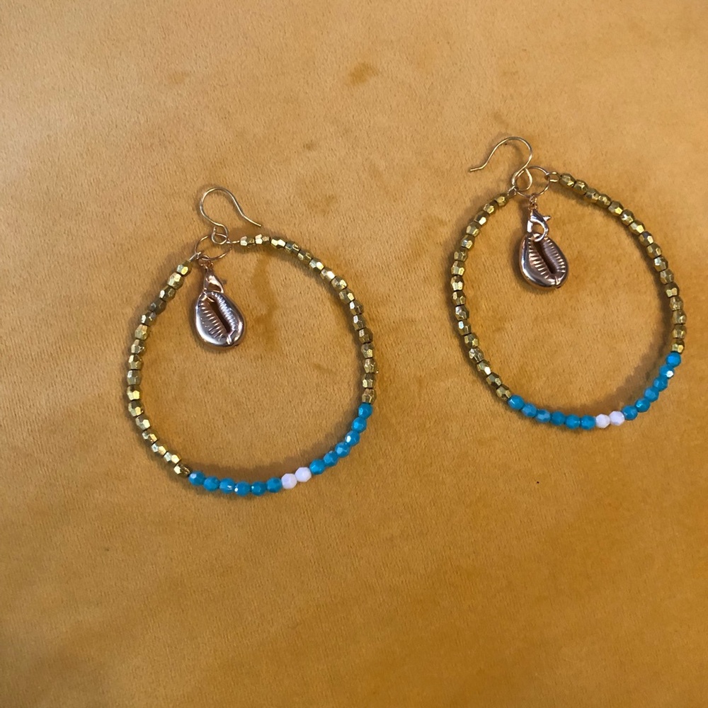 Gold Turquoise Dangle Hoop Earrings with Gold Cowrie Shells – Boho Jewelry
